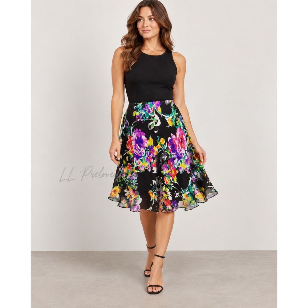 Lauren Ralph Lauren Skirt Womens Approx sz 16 Black Floral Ruffle Cottagecore